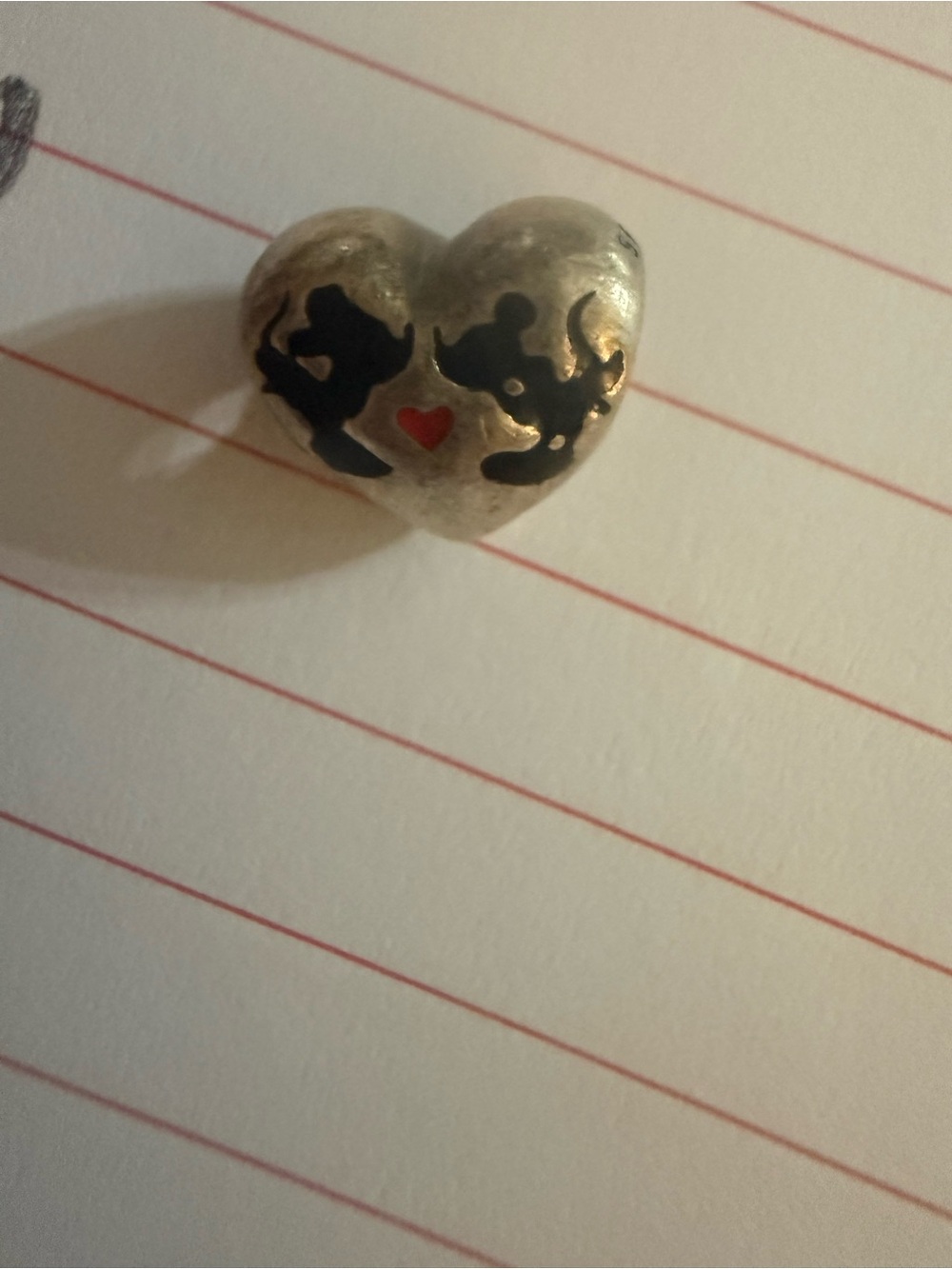 Pandora Disney Silver Heart Charm with Black Motif and Red Heart Minnie&Mickey